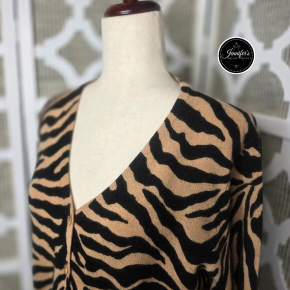 Nina Leonard Dress Black & Tan Lambswool Angora Animal Print Cardigan Size M - Picture 2 of 8
